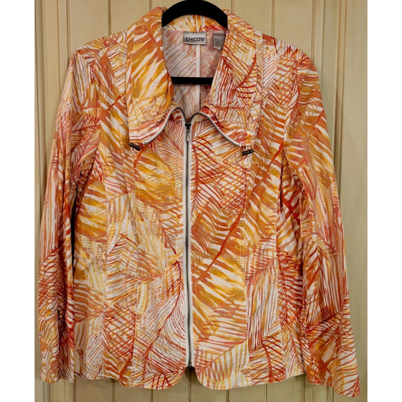 Chico’s Multicolor Floral Cotton Blend Zip Front Jacket Size 2 Adjustable Waist - Picture 1 of 5